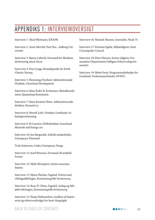 Appendiks 1: Interviewoversigt
Interview 1: Aksel Blytmann, KNAPK

Interview 16: Naimah Hussain, Journalist, Nuuk Tv

Interview 2: Anne Merrild, Post Doc., Aalborg Universitet

Interview 17: Parnuna Egede, Miljørådgiver, Inuit
Circumpolar Council

Interview 3: Bjarne Lyberth, Formand for Modstanderforening imod Alcoa

Interview 18: Peter Hansen, Senior rådgiver, Formandens Departement (tidligere Erhvervsdepartementet)

Interview 4: Finn Lynge, Kontaktpunkt for Earth
Charter Narsaq
Interview 5: Flemming Drechsel, Administrerende
Direktør, Greenland Development

Interview 19: Mette Frost, Programmedarbejder for
Grønland, Verdensnaturfonden (WWF)

Interview 6: Hans Peder B. Kristensen, Råstofkoordinator, Qaasuitsup Kommunia
Interview 7: Hans Kristian Olsen, Administrerende
direktør, Nunaoil a/s
Interview 8: Henrik Leth, Direktør, Grønlands Arbejdsgiverforening
Interview 9: Ib Laursen, Driftsdirektør, Greenland
Minerals and Energy a/s
Interview 10: Jon Burgwald, Arktisk medarbejder,
Greenpeace Danmark
Truls Gulowsen, Leder, Greenpeace Norge
Interview 11: Josef Petersen, Formand, Kvanefjeld
Forum
Interview 12: Mark Shrimpton, Senior associate,
Stantec
Interview 13: Marie Fleicher, Fagchef, Erhvervsudviklingsafdelingen, Kommuneqarfik Sermersooq
Interview 14: Roar H. Olsen, Fagchef, Anlæg og Miljøforvaltningen, Kommuneqarfik Sermersooq
Interview 15: Naaja Nathanielsen, medlem af Inatsisartut og erhvervsudvalget for Inuit Ataqatigiit

Back to table of contents

101

 