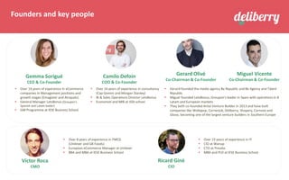 Founders and key people
Miguel Vicente
Co-Chairman & Co-Founder
Gerard Olivé
Co-Chairman & Co-Founder
Camilo Defoin
COO & Co-Founder
Gemma Sorigué
CEO & Co-Founder
▪ Over 14 years of experience in eCommerce
companies in Management positions and
growth stages (Emagister and Atrapalo).
▪ General Manager LetsBonus (Groupon’s
Spanish and Latam leader)
▪ GM Programme at IESE Business School
▪ Over 16 years of experience in consultancy
(Cap Gemini and Morgan Stanley)
▪ BI & Sales Operations Director LetsBonus
▪ Economist and MIB at ISDI school
▪ Gerard founded the media agency Be Republic and Be Agency and Talent
Republic
▪ Miguel founded LetsBonus, Groupon’s leader in Spain with operations in 8
Latam and European markets
▪ They both co-founded Antai Venture Builder in 2013 and have built
companies like Wallapop, Cornerjob, Deliberry, Shopery, Carnovo and
Glovo, becoming one of the largest venture builders in Southern Europe
Ricard Giné
CIO
Víctor Roca
CMO
▪ Over 8 years of experience in FMCG
(Unilever and GB Foods)
▪ European eCommerce Manager at Unilever
▪ BBA and MBA at IESE Business School
▪ Over 15 years of experience in IT
▪ CIO at Wanup
▪ CTO at Privalia
▪ MBA and PLD at IESE Business School
 