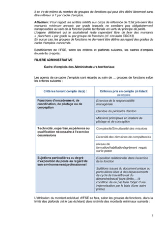 7
Il en va de même du nombre de groupes de fonctions qui peut être défini librement sans
être inférieur à 1 par cadre d’emplois.
Attention : Pour rappel, les arrêtés relatifs aux corps de référence de l’Etat prévoient des
montants minimum annuels par grade lesquels ne semblent pas obligatoirement
transposables au sein de la fonction publie territoriale en vertu du principe de parité.
L’organe délibérant qui le souhaiterait reste cependant libre de fixer des montants
« planchers » par grade ou par groupe de fonctions (cf. circulaire CDG13)
En aucun cas, les groupes de fonctions ne devraient être définis au regard des grades du
cadre d’emplois concernés.
Bénéficieront de l'IFSE, selon les critères et plafonds suivants, les cadres d'emplois
énumérés ci-après:
FILIERE ADMINISTRATIVE
Cadre d'emplois des Administrateurs territoriaux
Les agents de ce cadre d'emplois sont répartis au sein de … groupes de fonctions selon
les critères suivants :
Critères tenant compte de(s) : Critères pris en compte (à lister):
exemples
Fonctions d'encadrement, de
coordination, de pilotage ou de
conception
Exercice de la responsabilité
managériale
Etendue du périmètre d'action
Missions principales en matière de
pilotage et de conception
Technicité, expertise, expérience ou
qualification nécessaire à l’exercice
des missions
Complexité/Simultanéité des missions
Diversité des domaines de compétences
Niveau de
formation/habilitation/agrément requis
sur le poste
Sujétions particulières ou degré
d’exposition du poste au regard de
son environnement professionnel
Exposition relationnelle dans l’exercice
de la fonction
Sujétions issues du document unique ou
particulières liées à des dépassements
de cycle de travail/travail du
dimanche/travail jours fériés… (à
condition de ne pas faire l’objet d’une
indemnisation par le biais d’une autre
prime)
L'attribution du montant individuel d'IFSE se fera, selon les groupes de fonctions, dans la
limite des plafonds (et le cas échéant) dans la limite des montants minimaux suivants :
 