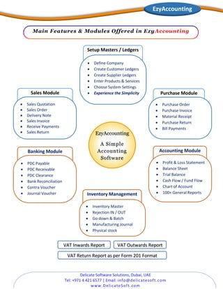 Delicate Software Solutions, Dubai, UAE
Tel: +971 4 421 6577 | Email: info@delicatesoft.com
www.DelicateSoft.com
EzyAccounting
Setup Masters / Ledgers
• Define Company
• Create Customer Ledgers
• Create Supplier Ledgers
• Enter Products & Services
• Choose System Settings
• Experience the Simplicity
Main Features & Modules Offered in EzyAccounting
Accounting Module
• Profit & Loss Statement
• Balance Sheet
• Trial Balance
• Cash Flow / Fund Flow
• Chart of Account
• 100+ General Reports
Sales Module
• Sales Quotation
• Sales Order
• Delivery Note
• Sales Invoice
• Receive Payments
• Sales Return
Purchase Module
• Purchase Order
• Purchase Invoice
• Material Receipt
• Purchase Return
• Bill Payments
EzyAccounting
A Simple
Accounting
Software
VAT Inwards Report VAT Outwards Report
Inventory Management
• Inventory Master
• Rejection IN / OUT
• Go down & Batch
• Manufacturing Journal
• Physical stock
VAT Return Report as per Form 201 Format
Banking Module
• PDC Payable
• PDC Receivable
• PDC Clearance
• Bank Reconciliation
• Contra Voucher
• Journal Voucher
 