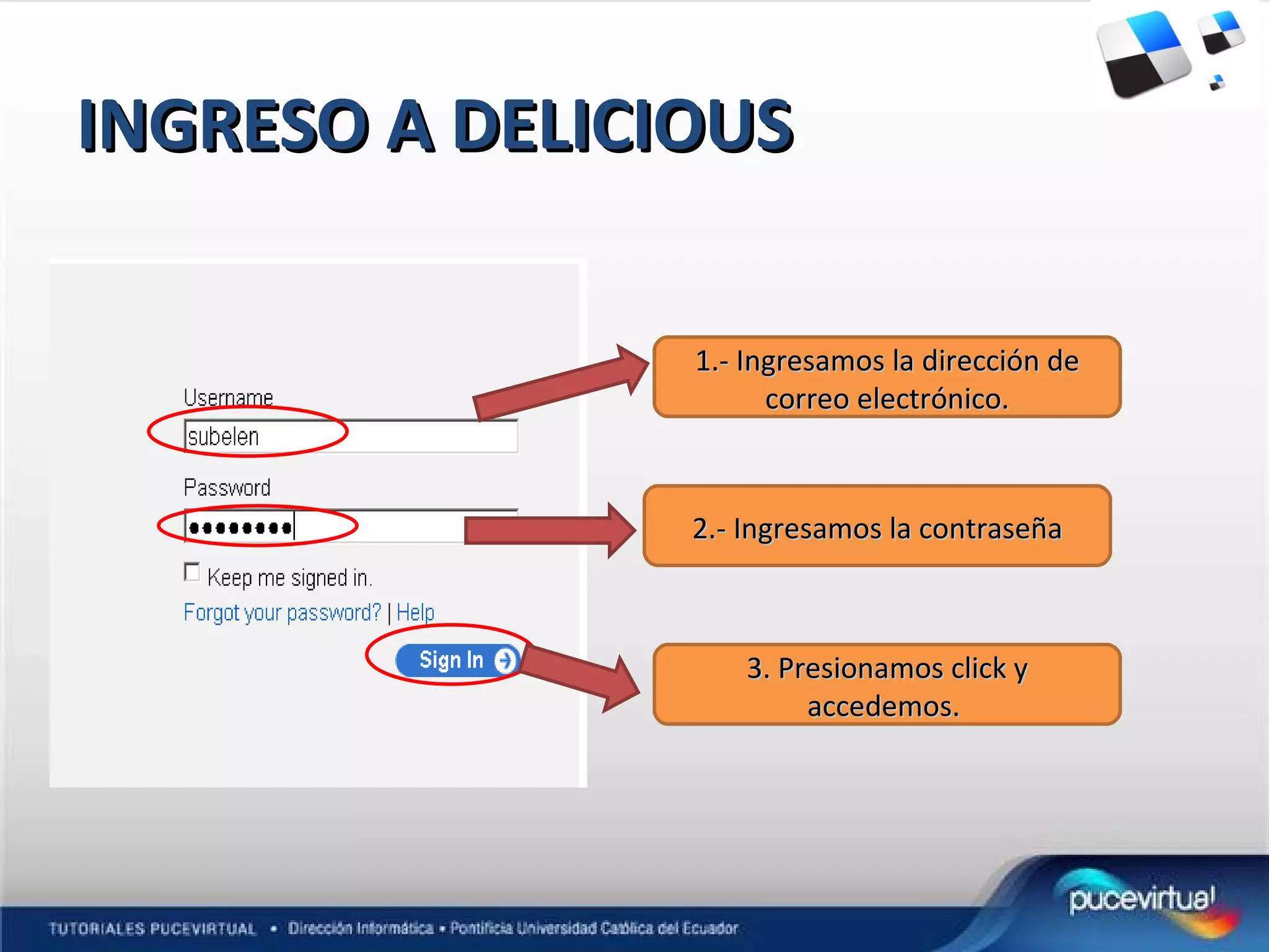 INGRESO A DELICIOUS 1.- Ingresamos la dirección de correo electrónico. 2.- Ingresamos la contraseña 3. Presionamos click y accedemos.