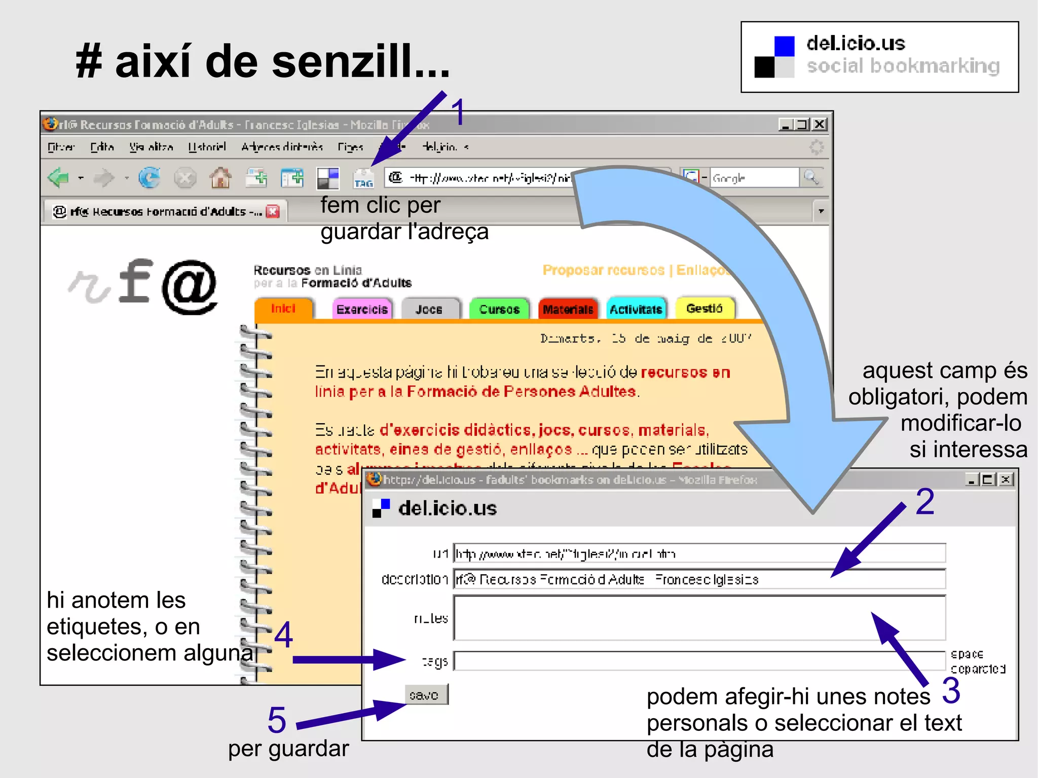 2 1 3 5 4 fem clic per  guardar l'adreça aquest camp és obligatori, podem modificar-lo  si interessa podem afegir-hi unes notes  personals o seleccionar el text  de la pàgina  hi anotem les  etiquetes, o en  seleccionem alguna per guardar # així de senzill... 