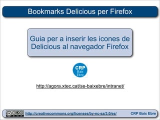 Bookmarks Delicious per Firefox


  Guia per a inserir les icones de
  Delicious al navegador Firefox




      http://agora.xtec.cat/se-baixebre/intranet/




http://creativecommons.org/licenses/by-nc-sa/3.0/es/   CRP Baix Ebre
 