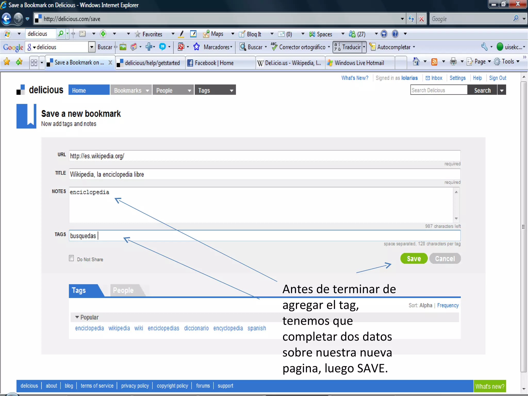 Antes de terminar de agregar el tag, tenemos que completar dos datos sobre nuestra nueva pagina, luego SAVE. 