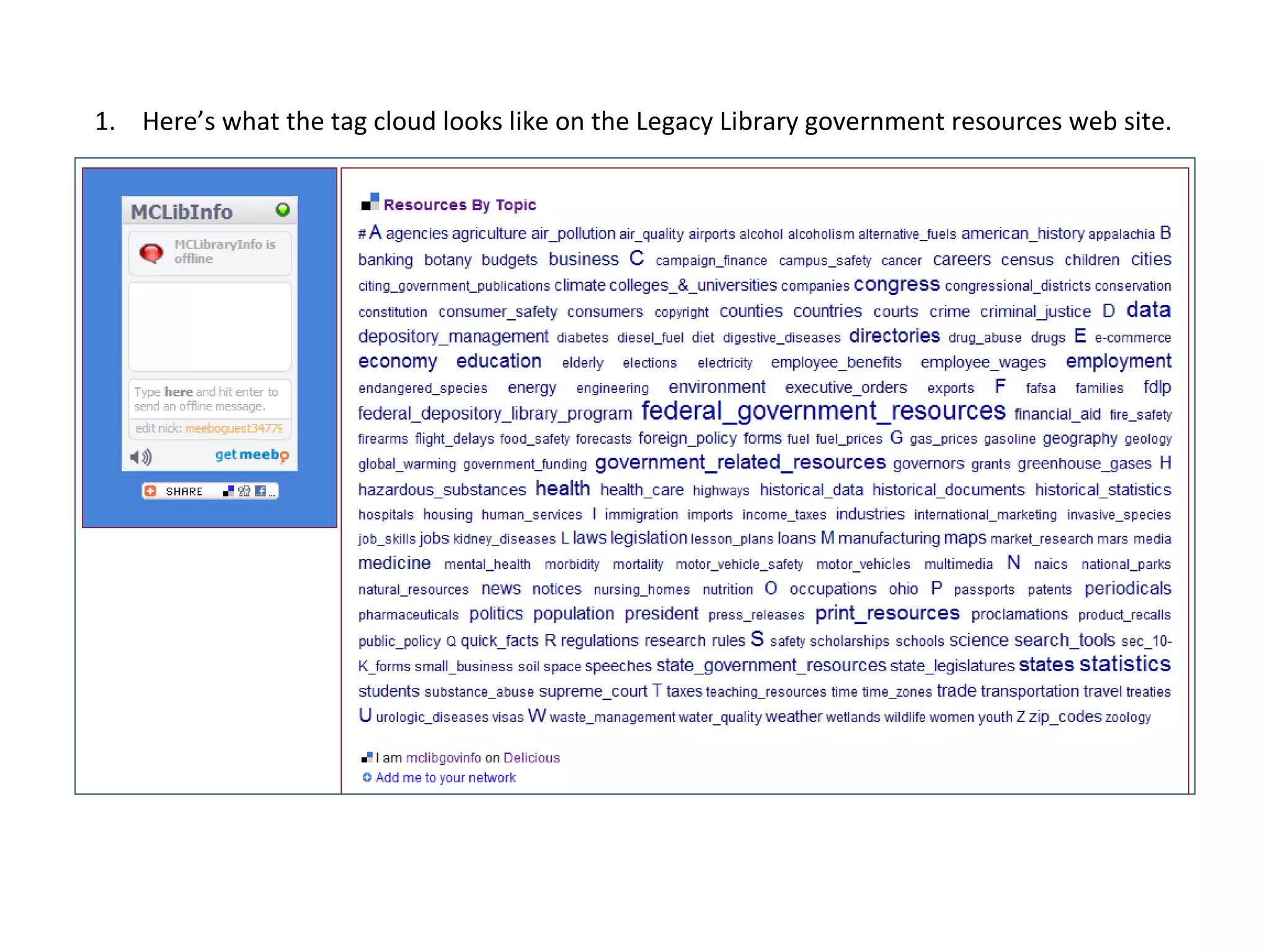 Here’s what the tag cloud looks like on the Legacy Library government resources web site.