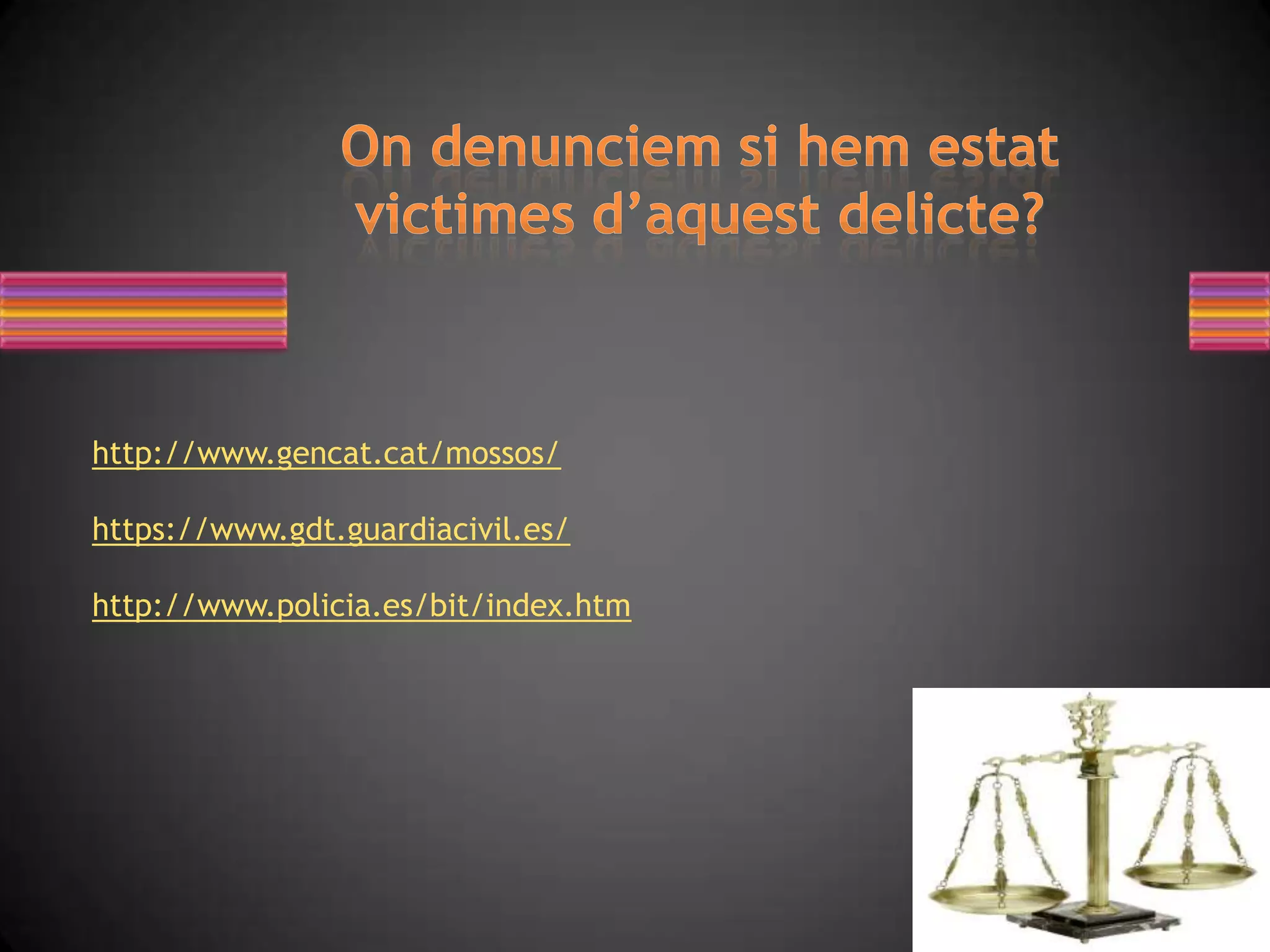 Comprotegir-nos del phishing?La forma mès segura per estar tranquil i no ser estafat que quemai es respongui a capsol.licitudd’informació personal mitjançant un correo electronic o omplint un formularid’una  web bancaria a la que haguemestatreconduitsmitjançant un enllaç. (si tenim que entrar a la nostra web bancaria hofaremteclejantl’adreça a la barra d’adreces, maiseguint un enllaç