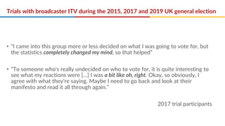 Trials with broadcaster ITV during the 2015, 2017 and 2019 UK general election
• “I came into this group more or less decided on what I was going to vote for, but
the statistics completely changed my mind, so that helped”
• “To someone who's really undecided on who to vote for, it is quite interesting to
see what my reactions were […] I was a bit like oh, right. Okay, so obviously, I
agree with what they're saying. Maybe I need to go back and look at their
manifesto and read it all through again.”
2017 trial participants
 