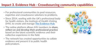 Impact 3. Evidence Hub - Crowdsourcing community capabilities
• For professional communities to pool resources,
expertise and crowdsource solutions to problems.
• Since 2014, worling with the UK's professional body
for health visitors, the Institute of Health Visiting
(iHV), to create and manage The Evidence Hub.
• The online platform allows iHV members to share,
reflect on and develop their professional practice
based on the latest scientific evidence and their
collective experience in the field.
• The network has created opportunities to collate
evidence and present it to public health
policymakers.
 