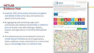 NETLAB
Evidence Hub
¡ A tool for SDG communities of practice to gather
and debate evidence for ideas and solutions to
specific community issues.
¡ By aggregating and connecting single users’
contributions the Evidence Hub provides a collective
picture of what is the SDG challenges, debates,
projects and organizations in the Milan Metropolitan
Area
¡ This collective picture can be explored in form of a
simple textual interface (as list of organizations,
claims, evidences, issues, resources) or in a more visual
way as a knowledge tree, or a network map
 