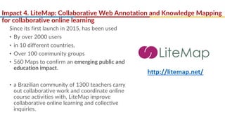 Impact 4. LiteMap: Collaborative Web Annotation and Knowledge Mapping
for collaborative online learning
Since its first launch in 2015, has been used
• By over 2000 users
• in 10 different countries,
• Over 100 community groups
• 560 Maps to confirm an emerging public and
education impact.
• a Brazilian community of 1300 teachers carry
out collaborative work and coordinate online
course activities with, LiteMap improve
collaborative online learning and collective
inquiries.
http://litemap.net/
 