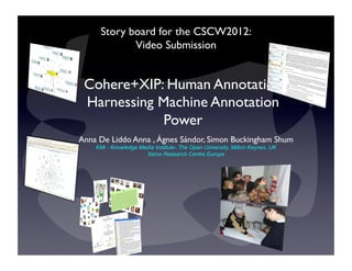 Story board for the CSCW2012: 	

            Video Submission	



 Cohere+XIP: Human Annotation
 Harnessing Machine Annotation
            Power	

Anna De Liddo Anna , Ágnes Sándor, Simon Buckingham Shum	

    KMi - Knowledge Media Institute- The Open University, Milton Keynes, UK
                      Xerox Research Centre Europe
 