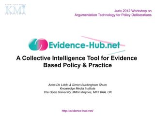 Jurix 2012 Workshop on
                              Argumentation Technology for Policy Deliberations




A Collective Intelligence Tool for Evidence
          Based Policy & Practice


            Anna De Liddo & Simon Buckingham Shum
                   Knowledge Media Institute
         The Open University, Milton Keynes, MK7 6AA, UK




                     http://evidence-hub.net/
 