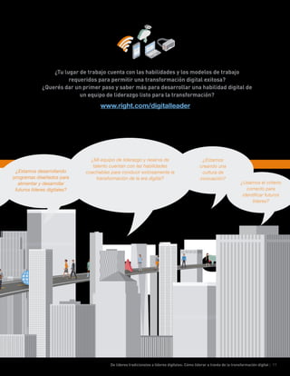 De líderes tradicionales a líderes digitales: Cómo liderar a través de la transformación digital | 11
¿Tu lugar de trabajo cuenta con las habilidades y los modelos de trabajo
requeridos para permitir una transformación digital exitosa?
¿Querés dar un primer paso y saber más para desarrollar una habilidad digital de
un equipo de liderazgo listo para la transformación?
www.right.com/digitalleader
¿Mi equipo de liderazgo y reserva de
talento cuentan con las habilidades
coachables para conducir exitosamente la
transformación de la era digital?
¿Estamos desarrollando
programas diseñados para
alimentar y desarrollar
futuros líderes digitales?
¿Estamos
creando una
cultura de
innovación?
¿Usamos el criterio
correcto para
identificar futuros
líderes?
 