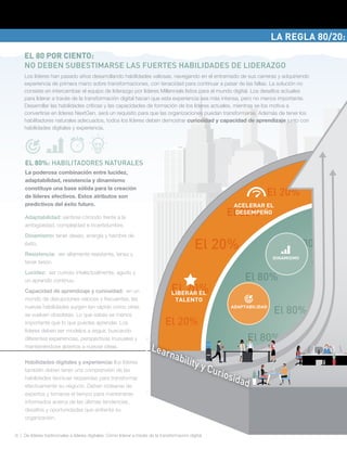 The
El 20%
El 20%
El 20%
El 20%
El 20%
El 2
LIBERAR EL
TALENTO
The
The 80
The 80%
El 80%
El 80%
El 80%
El 80%
ACELERAR EL
DESEMPEÑO
ADAPTABILIDAD
DINAMISMO
6 | De líderes tradicionales a líderes digitales: Cómo liderar a través de la transformación digital
La poderosa combinación entre lucidez,
adaptabilidad, resistencia y dinamismo
constituye una base sólida para la creación
de líderes efectivos. Estos atributos son
predictivos del éxito futuro.
Adaptabilidad: sentirse cómodo frente a la
ambigüedad, complejidad e incertidumbre.
Dinamismo: tener deseo, energía y hambre de
éxito.
Resistencia: ser altamente resistente, tenaz y
tener tesón.
Lucidez: ser curioso intelectualmente, agudo y
un aprendiz continuo.
Capacidad de aprendizaje y curiosidad: en un
mundo de disrupciones veloces y frecuentes, las
nuevas habilidades surgen tan rápido como otras
se vuelven obsoletas. Lo que sabes es menos
importante que lo que puedes aprender. Los
líderes deben ser modelos a seguir, buscando
diferentes experiencias, perspectivas inusuales y
mantienéndose abiertos a nuevas ideas.
Habilidades digitales y experiencia: los líderes
también deben tener una comprensión de las
habilidades técnicas requeridas para transformar
efectivamente su negocio. Deben rodearse de
expertos y tomarse el tiempo para mantenerse
informados acerca de las últimas tendencias,
desafíos y oportunidades que enfrenta su
organización.
EL 80%: HABILITADORES NATURALES
EL 80 POR CIENTO:
NO DEBEN SUBESTIMARSE LAS FUERTES HABILIDADES DE LIDERAZGO
Los líderes han pasado años desarrollando habilidades valiosas, navegando en el entramado de sus carreras y adquiriendo
experiencia de primera mano sobre transformaciones, con tenacidad para continuar a pesar de las fallas. La solución no
consiste en intercambiar el equipo de liderazgo por líderes Millennials listos para el mundo digital. Los desafíos actuales
para liderar a través de la transformación digital hacen que esta experiencia sea más intensa, pero no menos importante.
Desarrollar las habilidades críticas y las capacidades de formación de los líderes actuales, mientras se los motiva a
convertirse en líderes NextGen, será un requisito para que las organizaciones puedan transformarse. Además de tener los
habilitadores naturales adecuados, todos los líderes deben demostrar curiosidad y capacidad de aprendizaje junto con
habilidades digitales y experiencia.
LA REGLA 80/20:
 