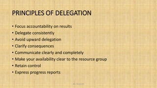 PRINCIPLES OF DELEGATION
• Focus accountability on results
• Delegate consistently
• Avoid upward delegation
• Clarify consequences
• Communicate clearly and completely
• Make your availability clear to the resource group
• Retain control
• Express progress reports
Ms. Divyanshi
 