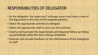 RESPONSIBILITIES OF DELEGATOR
• As the delegator, the supervisor/ incharge nurse must have a view of
the big picture in the care of the assigned patients.
• Select the appropriate activities to delegate
• Select the appropriate staff to carry out the activities.
• Clearly communicate the expectations and required follow up Follow
up periodically while the task is being completed
• Evaluate and provide feedback on the effectiveness of the delegation
to staff.
Ms. Divyanshi
 