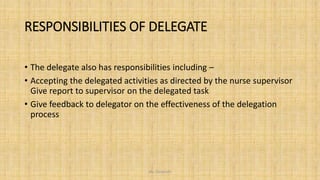 RESPONSIBILITIES OF DELEGATE
• The delegate also has responsibilities including –
• Accepting the delegated activities as directed by the nurse supervisor
Give report to supervisor on the delegated task
• Give feedback to delegator on the effectiveness of the delegation
process
Ms. Divyanshi
 