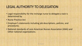 LEGAL AUTHORITY TO DELEGATION
• Legal responsibility for the incharge nurse to delegate a task is
determined by
• Nurse Practice Act
• Employer’s statements including job descriptions, policies, and
procedures.
• National standards of care American Nurses Association (ANA) and
Other national organizations.
Ms. Divyanshi
 