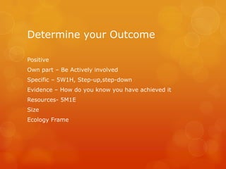 Determine your Outcome

Positive
Own part – Be Actively involved
Specific – 5W1H, Step-up,step-down
Evidence – How do you know you have achieved it
Resources- 5M1E
Size
Ecology Frame
 