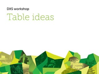 #DelightFTW 
DXS workshop 
Table ideas  