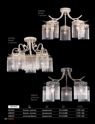 102 КЛАССИКА
60102/6 белый с золотом Е14 6х60Втпрозрачный
60102/6
белый
с золотом
570 400
22822/5
белый
с золотом
22822/5
античная
бронза
22822/5
22822/5
античная бронза
белый с золотом
прозрачный
прозрачный
Е14 5х60Вт
Е14 5х60Вт
570 360
570 360
 