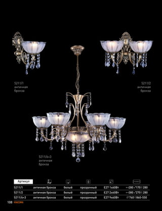 108 КЛАССИКА
5211/1
5211/2
5211/6+3
античная бронза
античная бронза
античная бронза
белый
белый
белый
прозрачный
прозрачный
прозрачный
E27 1х60Вт
E27 2х60Вт
E27 9х60Вт
280 170 280
380 270 280
760 860-550
5211/6+3
античная
бронза
5211/1
античная
бронза
5211/2
античная
бронза
 