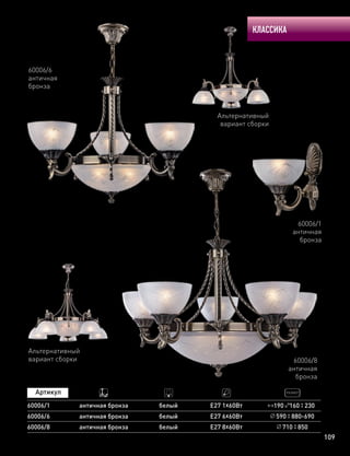 КЛАССИКА
109
60006/6
60006/8
60006/1
античная бронза
античная бронза
античная бронза
белый
белый
белый
Е27 6х60Вт
Е27 8х60Вт
Е27 1х60Вт
590 880-690
710 850
60006/8
античная
бронза
60006/1
античная
бронза
60006/6
античная
бронза
190 160 230
Альтернативный
вариант сборки
Альтернативный
вариант сборки
 