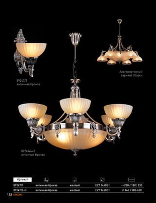 112 КЛАССИКА
89247/1
89247/6+3
античная бронза
античная бронза
желтый
желтый
E27 1х60Вт
E27 9х60Вт
230 180 230
740 900-650
89247/1
античная бронза
89247/6+3
античная бронза
Альтернативный
вариант сборки
 