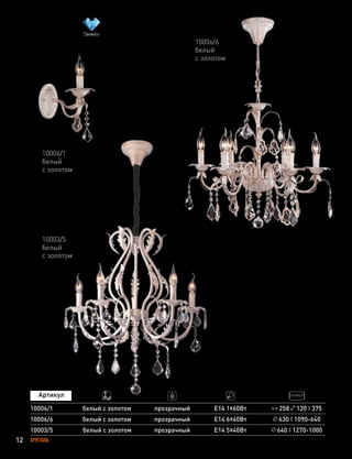12 ХРУСТАЛЬ
10003/5 белый с золотом прозрачный Е14 5х40Вт 640 1270-1000
10003/5
белый
с золотом
258 120 375
10006/6
10006/1
белый с золотом
белый с золотом
прозрачный
прозрачный
Е14 6х60Вт
Е14 1х60Вт
630 1090-640
10006/1
белый
с золотом
10006/6
белый
с золотом
 