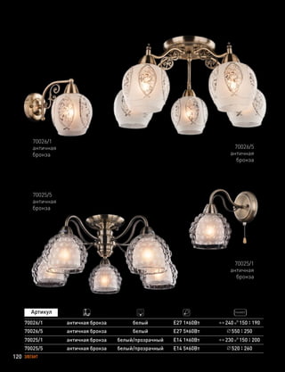 120 ЭЛЕГАНТ
70026/1
античная
бронза
70026/5
античная
бронза
70025/5
античная
бронза
70025/1
античная
бронза
70026/1
70026/5
античная бронза
античная бронза
белый
белый
Е27 1х60Вт
Е27 5х60Вт 550 250
240 150 190
70025/1
70025/5
античная бронза
античная бронза
белый/прозрачный
белый/прозрачный
Е14 1х60Вт
Е14 5х60Вт 520 260
230 150 200
 