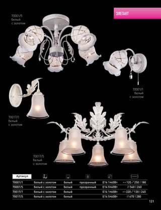 ЭЛЕГАНТ
121
70017/5
белый
с золотом
70017/1
белый
с золотом
70017/1
70017/5
белый с золотом
белый с золотом
белый
белый
Е14 1х60Вт
Е14 5х60Вт 670 280
220 130 240
70001/1
белый
с золотом
70001/5
белый
с золотом
70001/1
70001/5
белый с золотом
белый с золотом
прозрачный
прозрачный
Е14 1х40Вт
Е14 5х40Вт 540 260
120 250 180белый
белый
 