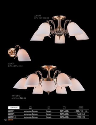 124 ЭЛЕГАНТ
22010/1
22010/5
22010/6+2
античная бронза
античная бронза
античная бронза
белый
белый
белый
E27 1х60Вт
E27 5х60Вт
E27 8х60Вт
300 120 180
640 240
750 350
22010/6+2
античная бронза
22010/5
античная бронза
22010/1
античная бронза
 