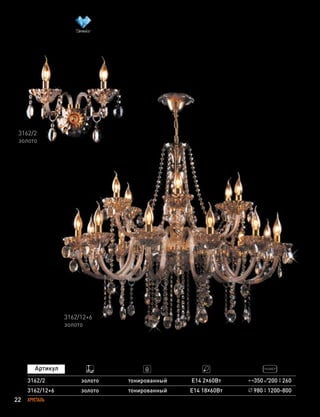 22 ХРУСТАЛЬ
3162/12+6
3162/2
золото
золото
тонированный
тонированный
Е14 18х60Вт
Е14 2х60Вт 350 200 260
980 1200-800
3162/2
золото
3162/12+6
золото
 