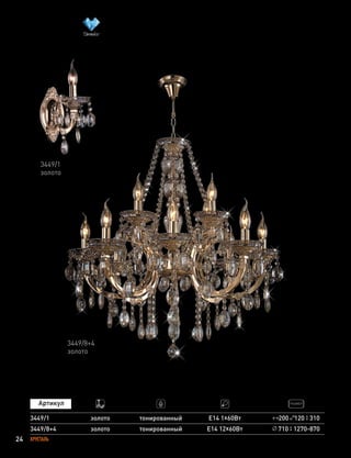 24 ХРУСТАЛЬ
3449/8+4 золото тонированный Е14 12х60Вт 710 1270-870
3449/8+4
золото
3449/1
золото
200 120 3103449/1 золото тонированный Е14 1х60Вт
 