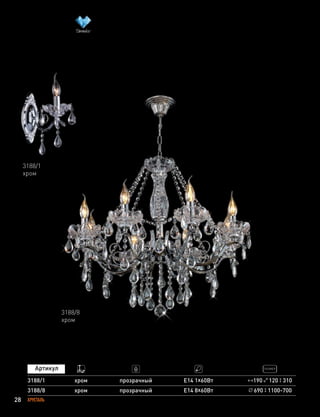 28 ХРУСТАЛЬ
3188/8
3188/1
хром
хром
прозрачный
прозрачный
Е14 8х60Вт
Е14 1х60Вт
690 1100-700
3188/8
хром
3188/1
хром
190 120 310
 