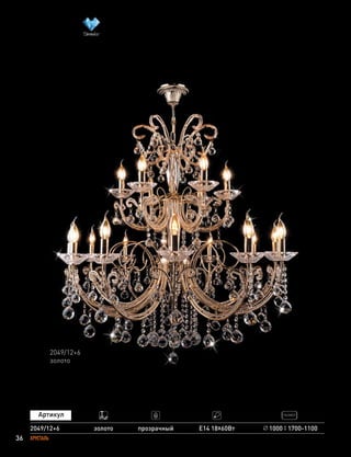 36 ХРУСТАЛЬ
2049/12+6
золото
2049/12+6 золото прозрачный Е14 18х60Вт 1000 1700-1100
 