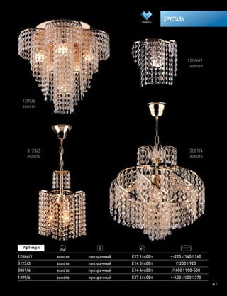41
ХРУСТАЛЬ
1209/6
12066/1
золото
золото
прозрачный
прозрачный
Е27 6х60Вт
Е27 1х60Вт
400 400 370
220 140 160
12066/1
золото
3081/4
золото
1209/6
золото
3123/3
золото
3123/3 золото прозрачный Е14 3х60Вт 230 920
3081/4 золото прозрачный Е14 4х60Вт 400 900-500
 