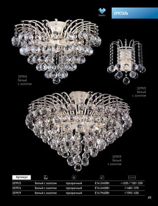 45
ХРУСТАЛЬ
3299/6
белый
с золотом
3299/9
белый
с золотом
3299/2
белый
с золотом
590 450
220 150 2503299/2 белый с золотом прозрачный Е14 2х60Вт
480 3703299/6
3299/9
белый с золотом прозрачный
прозрачный
Е14 6х60Вт
Е14 9х60Втбелый с золотом
 