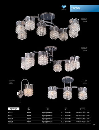 55
ХРУСТАЛЬ
3222/3
3222/1
3222/6
3222/8
хром
хром
хром
хром
прозрачный
прозрачный
прозрачный
прозрачный
E27 3х60Вт
E27 1х60Вт
E27 6х60Вт
E27 8х60Вт
470 150 260
180 100 300
860 360 260
860 420 260
3222/6
хром
3222/8
хром
3222/1
хром
3222/3
хром
 