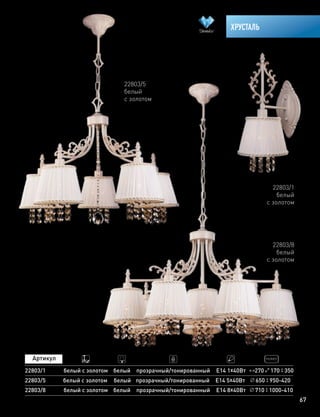 67
ХРУСТАЛЬ
22803/5
белый
с золотом
22803/1
белый
с золотом
22803/8
белый
с золотом
22803/1 белый прозрачный/тонированный Е14 1х40Вт 270 170 350белый с золотом
22803/5 белый Е14 5х40Вт 650 950-420белый с золотом прозрачный/тонированный
22803/8 белый Е14 8х40Вт 710 1000-410белый с золотом прозрачный/тонированный
 