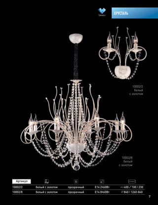 7
ХРУСТАЛЬ
400 100 230
10002/8
10002/2
белый с золотом
белый с золотом
прозрачный
прозрачный
Е14 8х60Вт
Е14 2х60Вт
840 1260-840
10002/8
белый
с золотом
10002/2
белый
с золотом
 