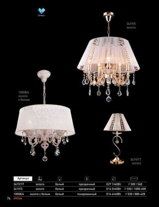 74 ХРУСТАЛЬ
3419/5 золото белый прозрачный E14 5х40Вт 550 1000-600
3419/1T золото белый прозрачный E27 1х40Вт 300 540
3419/5
золото
3419/1Т
золото
10008/4
золото
с белым
10008/4 золото с белым тонированный Е14 4х40Вт 530 880-428белый
 