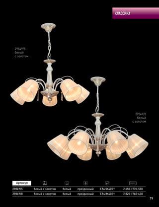 КЛАССИКА
79
29849/8
белый
с золотом
29849/5
белый
с золотом
29849/5 белый с золотом прозрачный Е14 5х40Втбелый 650 770-550
29849/8 белый с золотом прозрачный Е14 8х40Втбелый 820 760-630
 