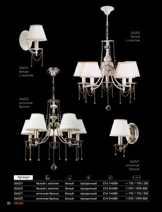 82 КЛАССИКА
3645/1
белый
с золотом
3645/5
белый
с золотом
3645/5
3645/1
белый с золотом
белый с золотом
прозрачный
прозрачный
Е14 5х40Вт
Е14 1х40Вт
570 1090-800
170 170 250
белый
белый
3645/1
античная
бронза
3645/5
античная
бронза
3645/5
3645/1
античная бронза
античная бронза
прозрачный
прозрачный
Е14 5х40Вт
Е14 1х40Вт
570 1090-800
170 170 250
белый
белый
 
