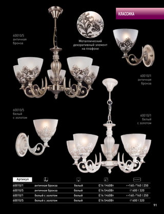 КЛАССИКА
91
60010/1
античная
бронза
60010/5
белый
с золотом
60010/5
античная
бронза
60010/1
белый
с золотом
60010/5
60010/1
60010/1
античная бронза
белый с золотом
античная бронза
Е14 5х60Вт
Е14 1х60Вт
Е14 1х60Вт
600 320
белый
белый
белый
160 140 250
60010/5 белый с золотом Е14 5х60Вт 600 320белый
160 140 250
Металлический
декоративный элемент
на плафоне
 