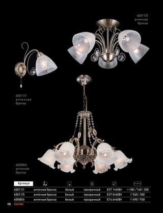 98 КЛАССИКА
60011/5
60008/6
60011/1
античная бронза
античная бронза
античная бронза
прозрачный
прозрачный
Е27 5х60Вт
Е14 6х60Вт
Е27 1х60Вт
560 300
690 930
60008/6
античная
бронза
белый
белый
белый
180 140 200
60011/1
античная
бронза
60011/5
античная
бронза
прозрачный
 