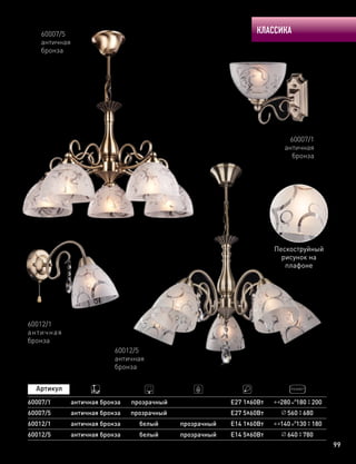 КЛАССИКА
99
60007/1
античная
бронза
60007/5
античная
бронза
60012/5
античная
бронза
60012/1
античная
бронза
60007/5
60012/1
60007/1
античная бронза
античная бронза
античная бронза
Е27 5х60Вт
Е14 1х60Вт
Е27 1х60Вт
560 680
прозрачный
прозрачный
белый
280 180 200
прозрачный
60012/5 античная бронза Е14 5х60Вт 640 780белый прозрачный
140 130 180
Пескоструйный
рисунок на
плафоне
 