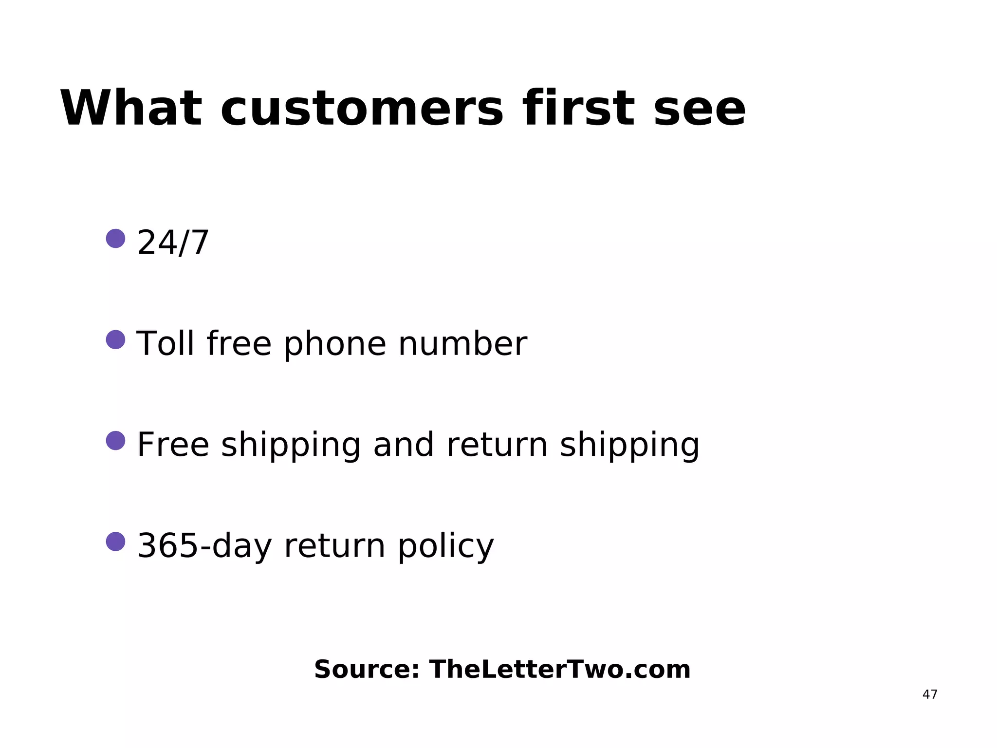 47
What customers first see
24/7
Toll free phone number
Free shipping and return shipping
365-day return policy
Source: TheLetterTwo.com
 