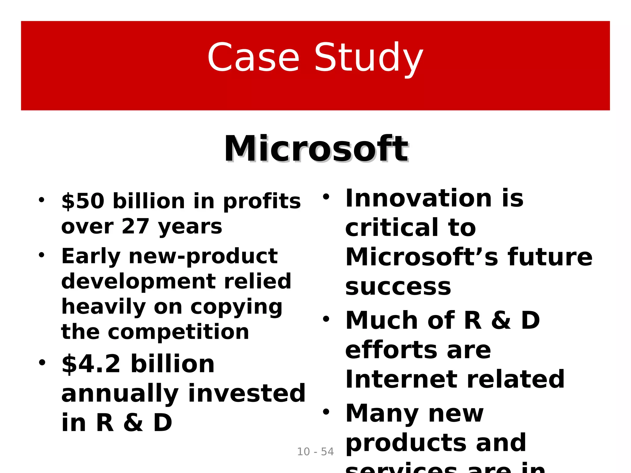 10 - 54
• $50 billion in profits
over 27 years
• Early new-product
development relied
heavily on copying
the competition
• $4.2 billion
annually invested
in R & D
• Innovation is
critical to
Microsoft’s future
success
• Much of R & D
efforts are
Internet related
• Many new
products and
MicrosoftMicrosoft
Case Study
 