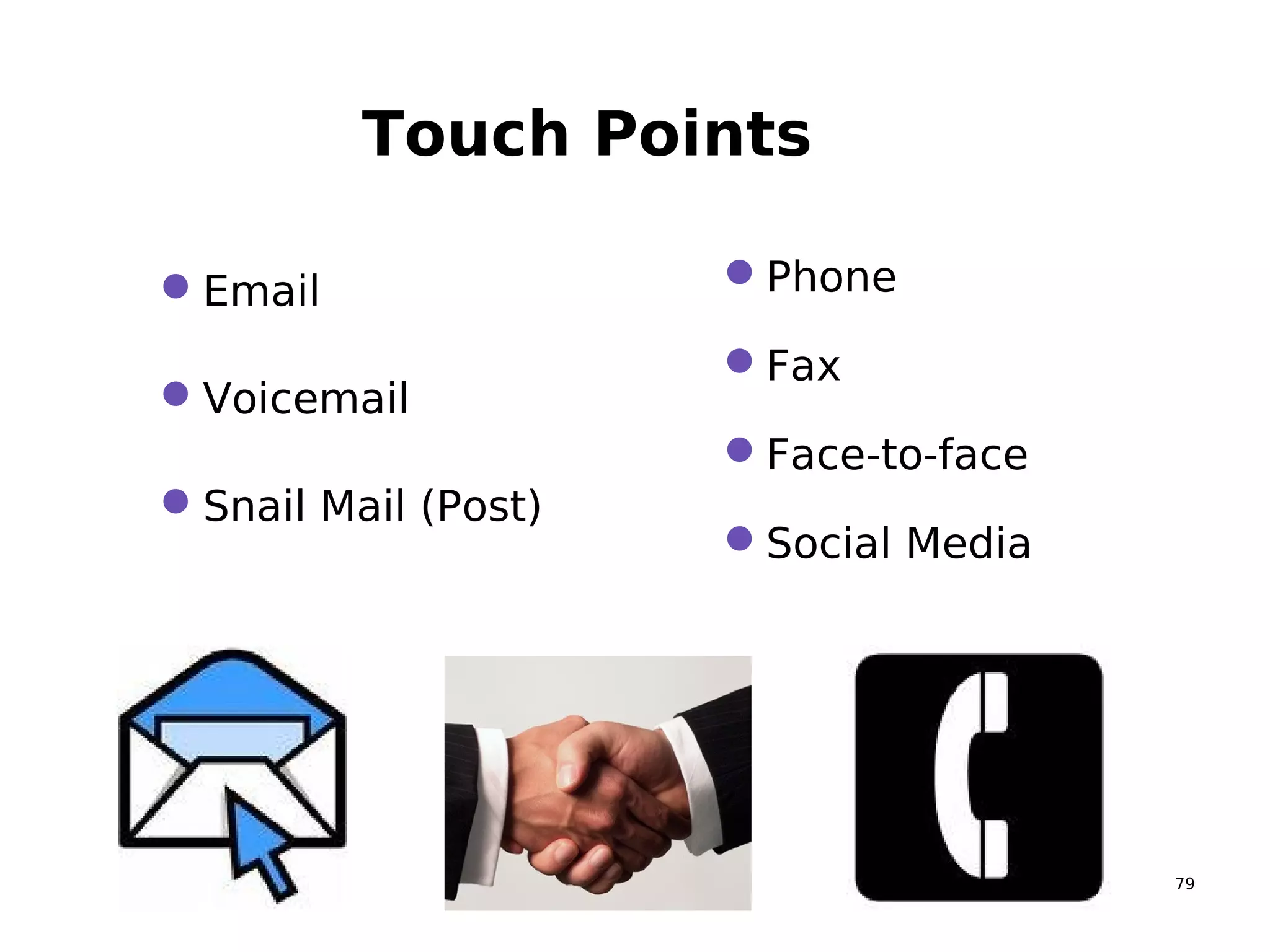 79
Touch Points
Email
Voicemail
Snail Mail (Post)
Phone
Fax
Face-to-face
Social Media
 